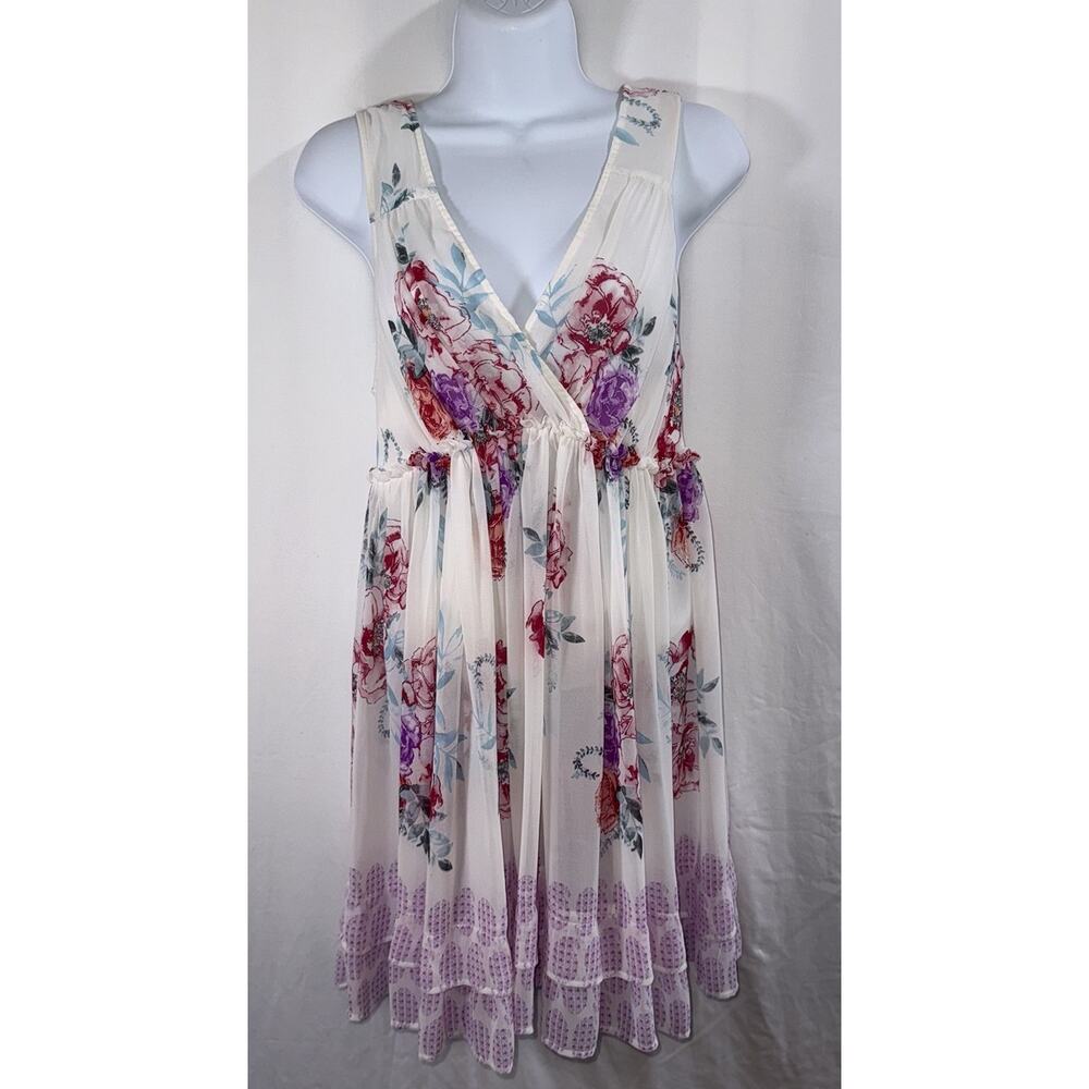 Free People Floral Chiffon Ruffle Cottagecore Prairie Babydoll Mini Dress Sz S